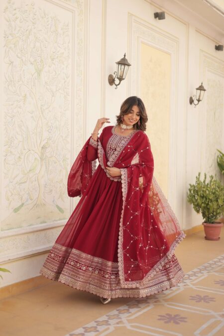 Maroon Faux Blooming Sequins Embroidered Gown with Matching Dupatta ? Festive & Party Wear 2026