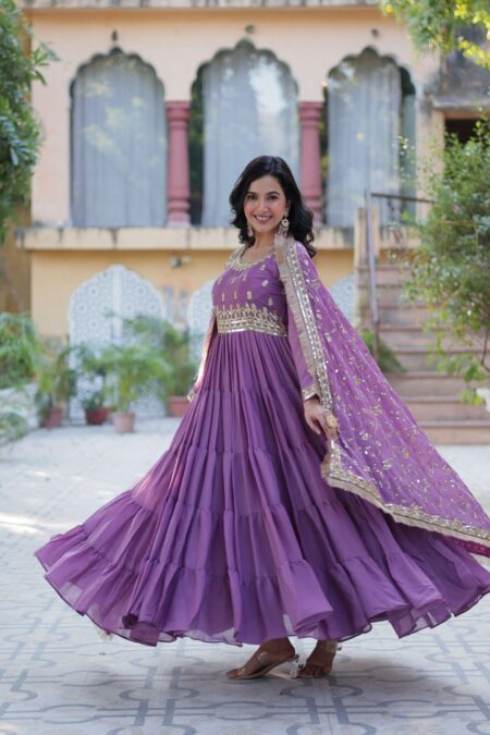 Onion Star Georgette Fully Flared Gown with Sequins Embroidered Dupatta & Lace Border