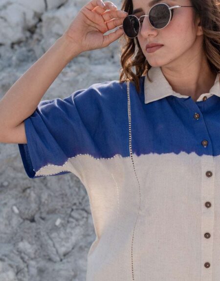 Women’s Cotton Dip-Dye Pattern Two-Piece Lounge Set Tunic with Wide-Leg Pants, Resort Wear ( Navy Blue Beige )