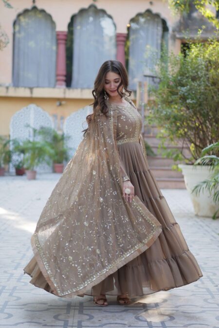 Beige Star Georgette Fully Flared Gown with Sequins Embroidered Dupatta & Lace Border